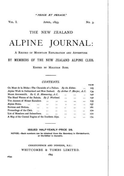 New Zealand Alpine Journal 1893 Vol 1 No 3 cover